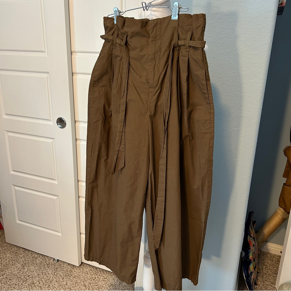 Kimchi Blue Olive-Brown High Waist Wide Leg Paperbag Pants with Self-Tie